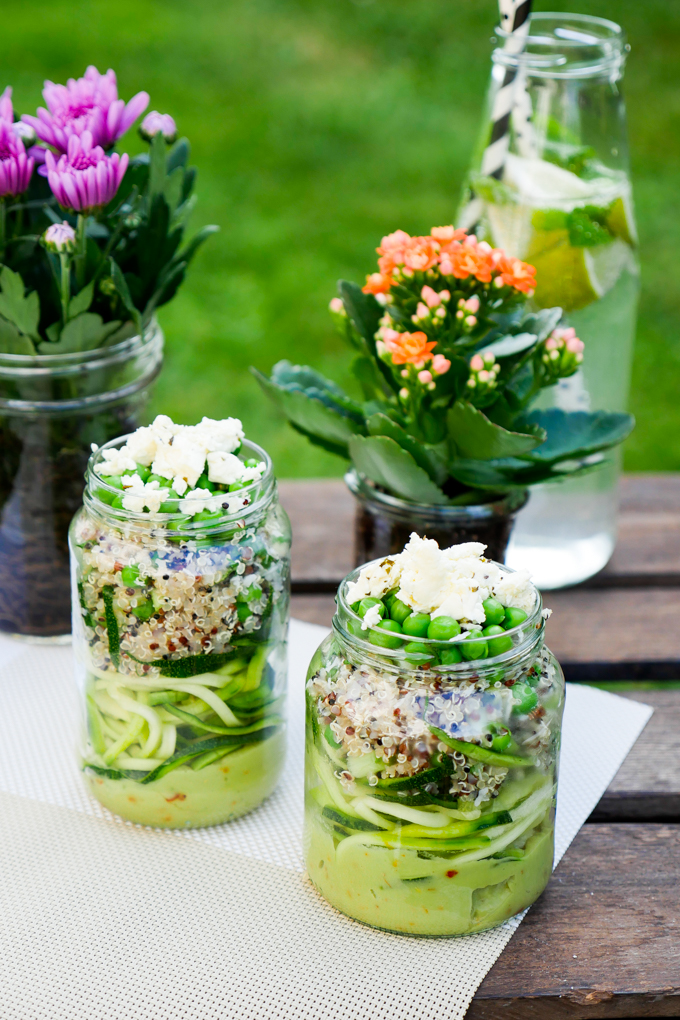 Zucchini noodle salad with quinoa and avocado dressing