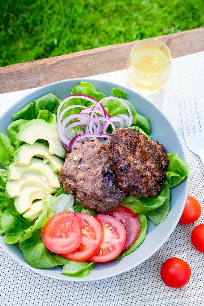 Healthy Low Carb Burger Bowl with Avocado and Tomatoes