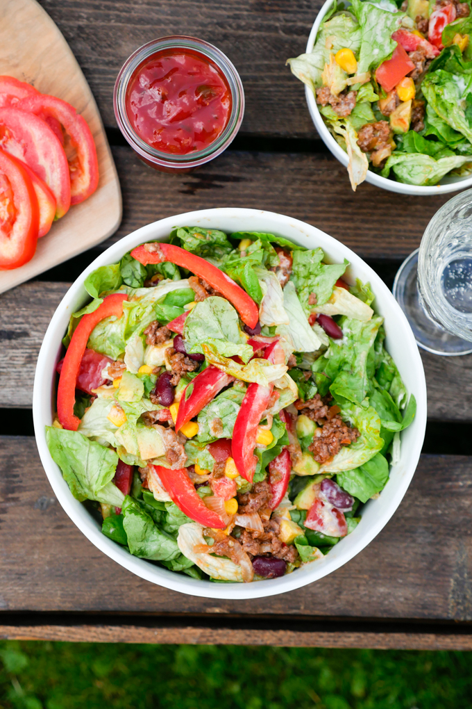 Mexican salad with minced meat and salsa
